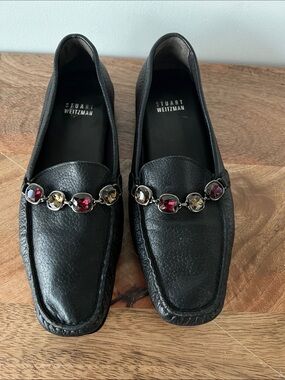 Stuart Weitzman Black Leather Gem-Chain Loafers